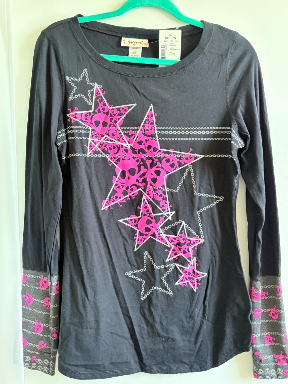 Self Esteem Black Long Sleeve Tee with Hot Pink Star Graphics